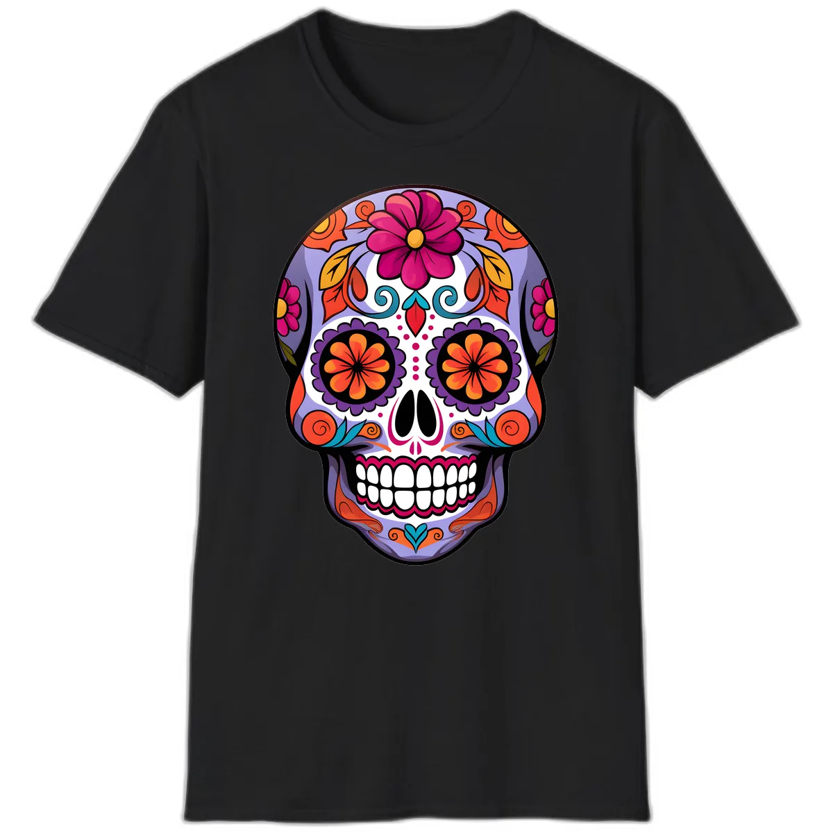 Vibrant Floral Calavera Sugar Skull Artwork T-Shirt in Black