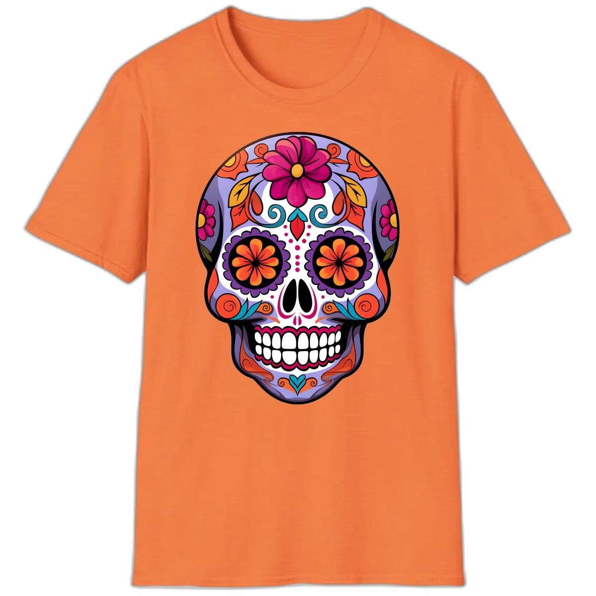 Vibrant Floral Calavera Sugar Skull Artwork T-Shirt in Heather Orange