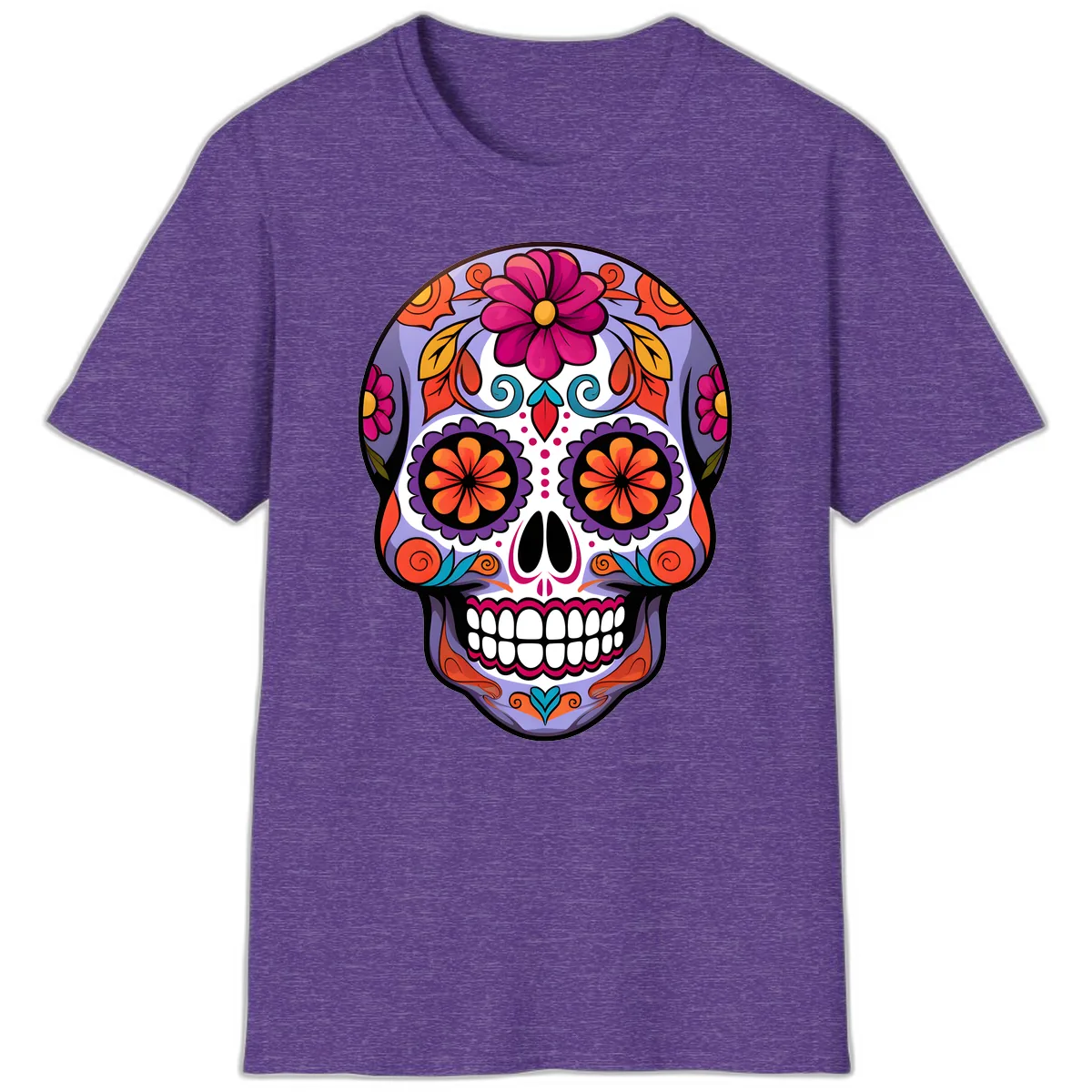 Vibrant Floral Calavera Sugar Skull Artwork T-Shirt in Heather Purple