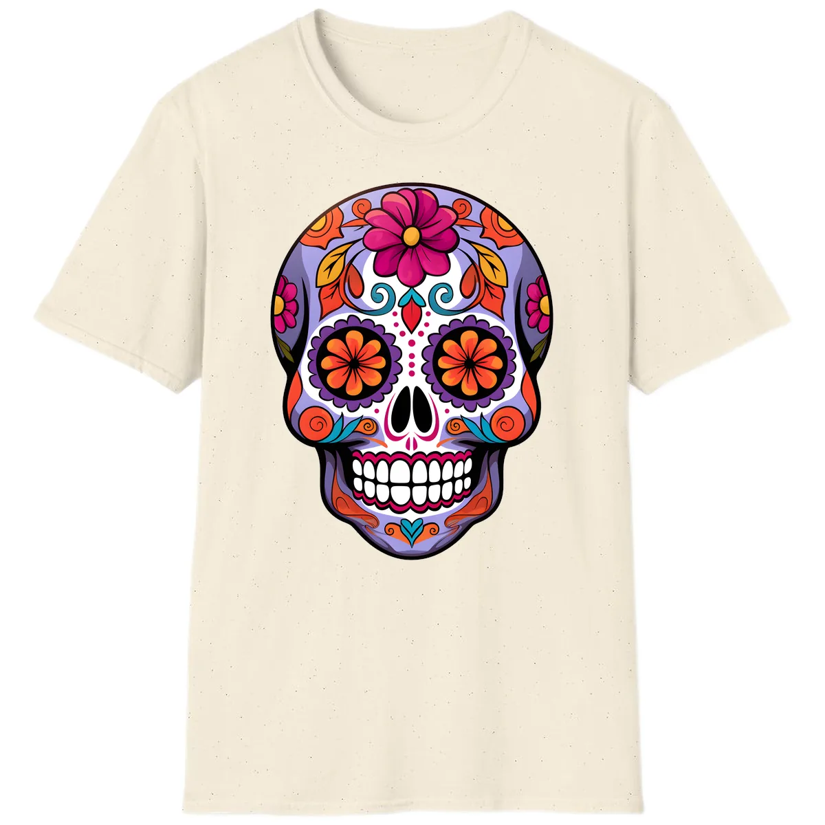 Vibrant Floral Calavera Sugar Skull Artwork T-Shirt in Natural