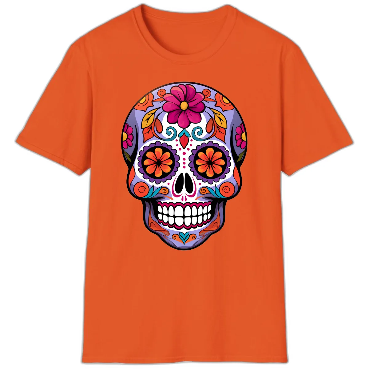 Vibrant Floral Calavera Sugar Skull Artwork T-Shirt in Orange