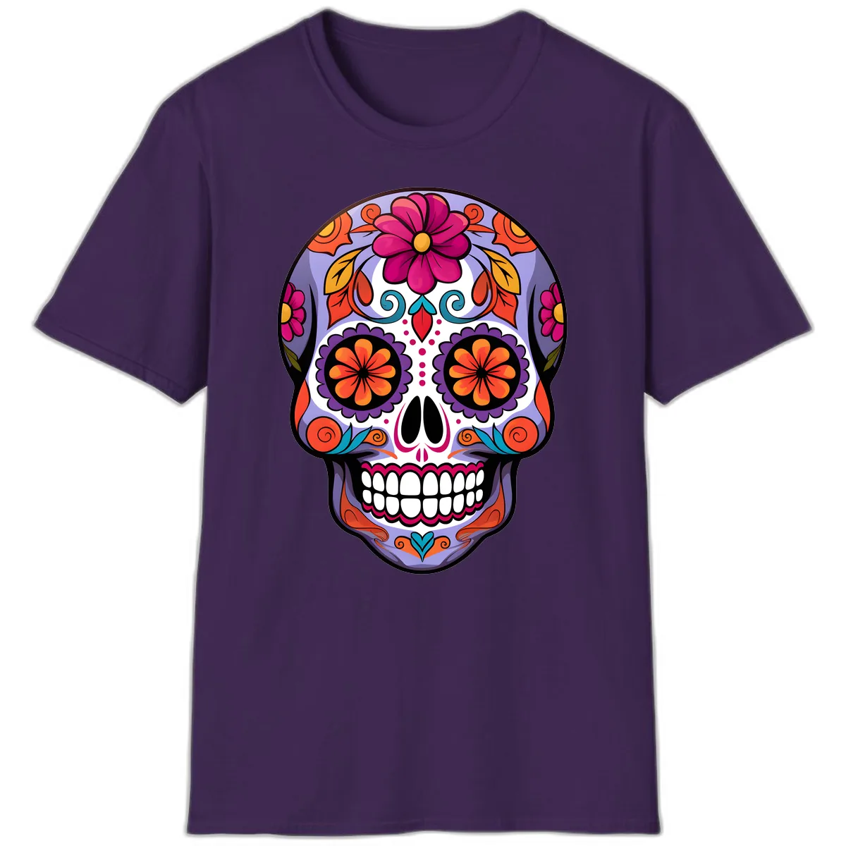 Vibrant Floral Calavera Sugar Skull Artwork T-Shirt in Purple