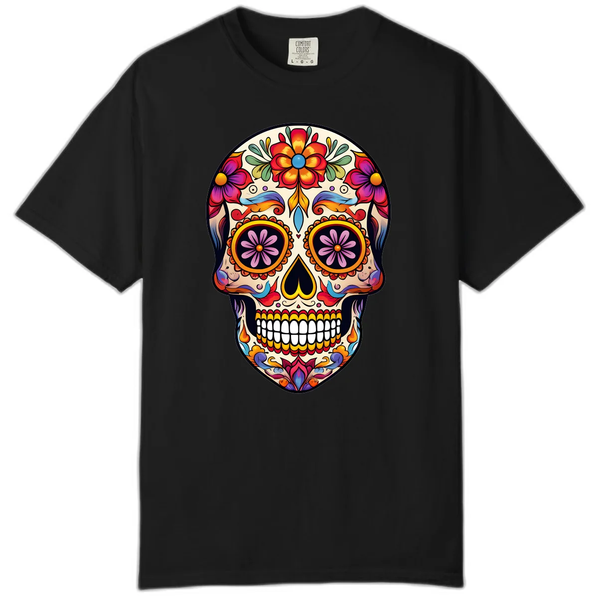 Vibrant Calavera Floral Sugar Skull Art Comfort Color in Black