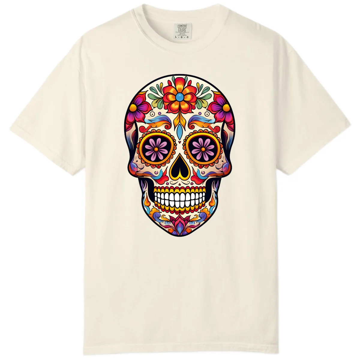 Vibrant Calavera Floral Sugar Skull Art Comfort Color in Ivory