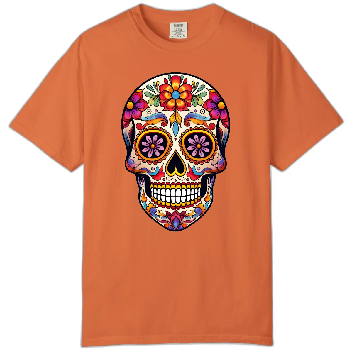 Vibrant Calavera Floral Sugar Skull Art Comfort Color in Burnt Orange