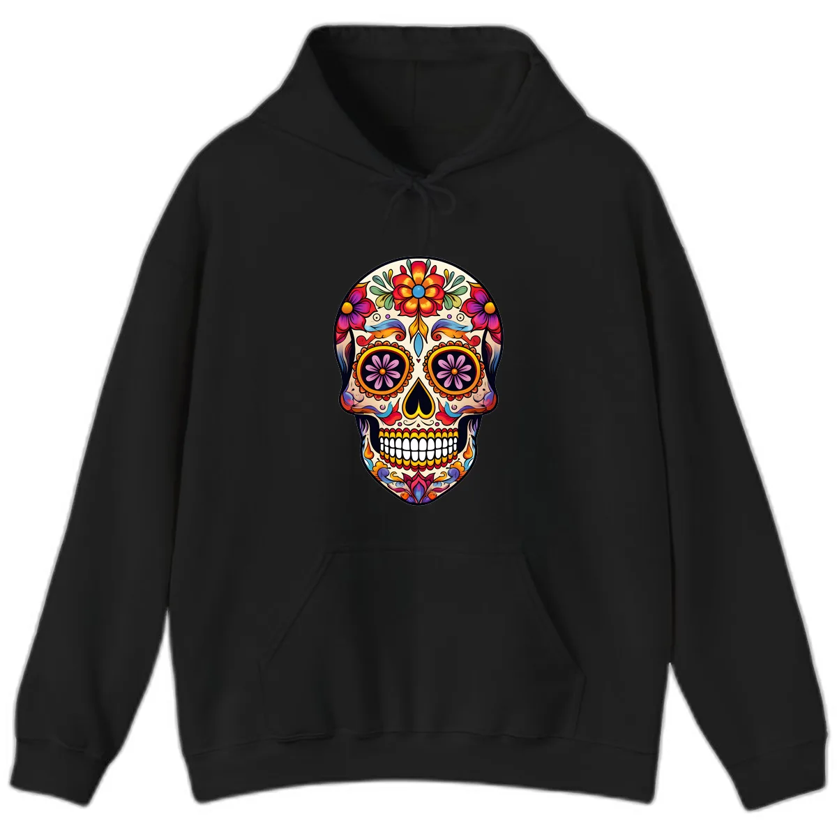 Vibrant Calavera Floral Sugar Skull Art Hoodie in Black