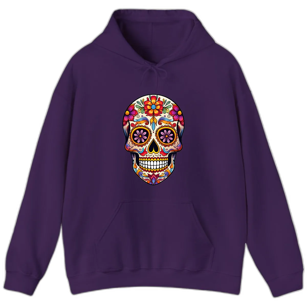 Vibrant Calavera Floral Sugar Skull Art Hoodie in Purple