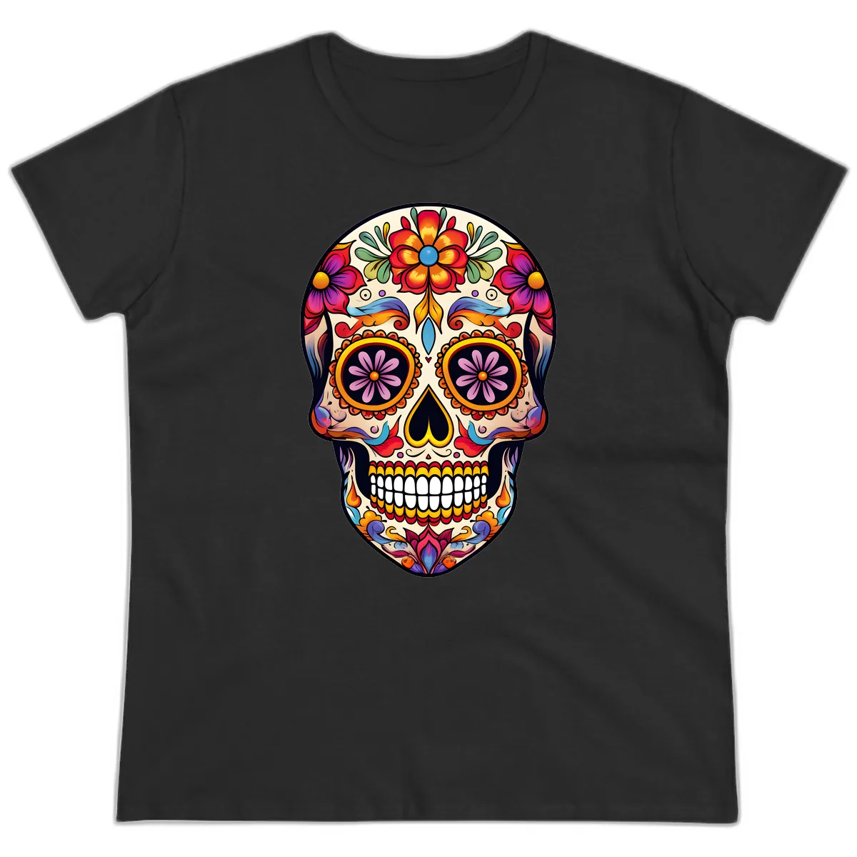 Vibrant Calavera Floral Sugar Skull Art Ladies Tee in Black