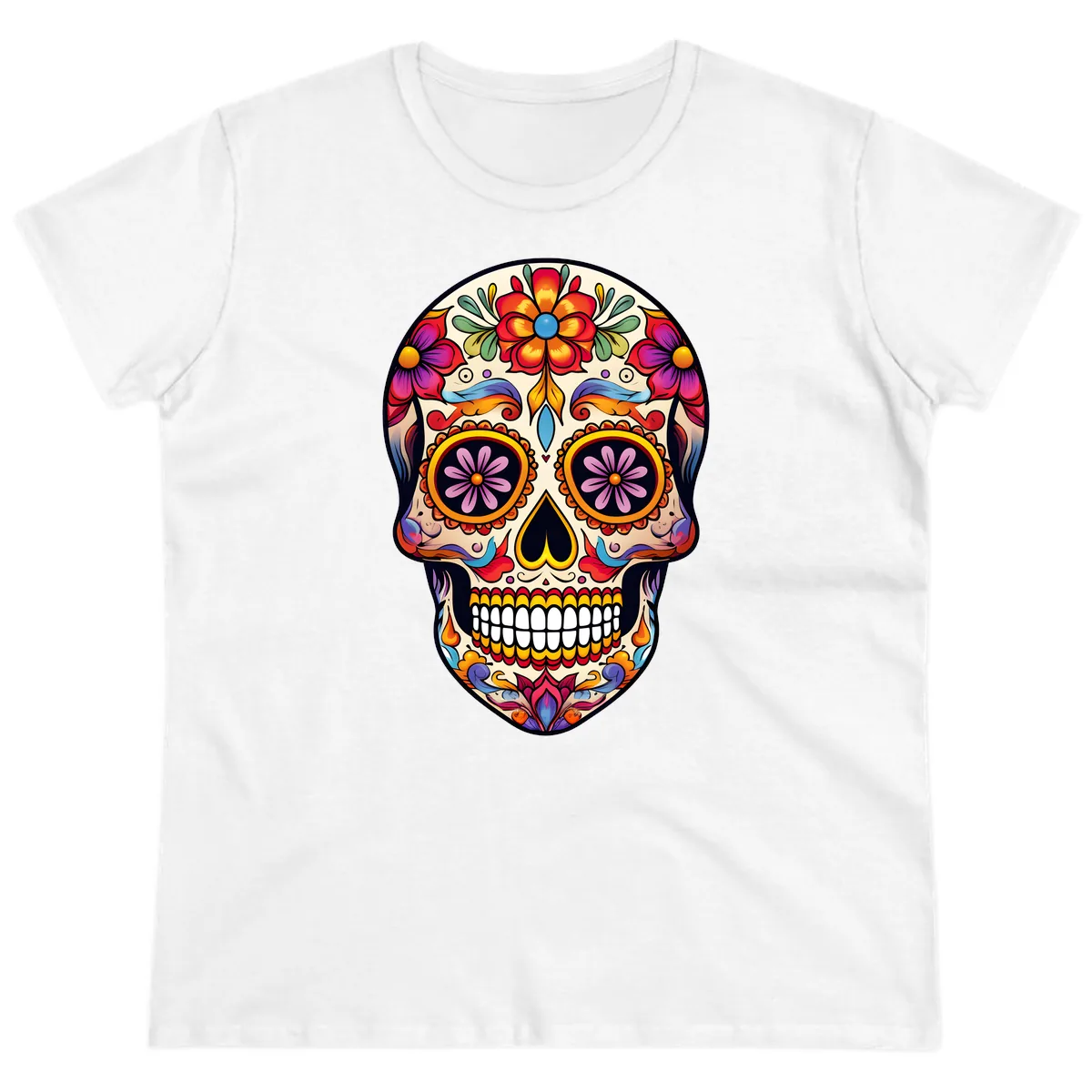 Vibrant Calavera Floral Sugar Skull Art Ladies Tee in White