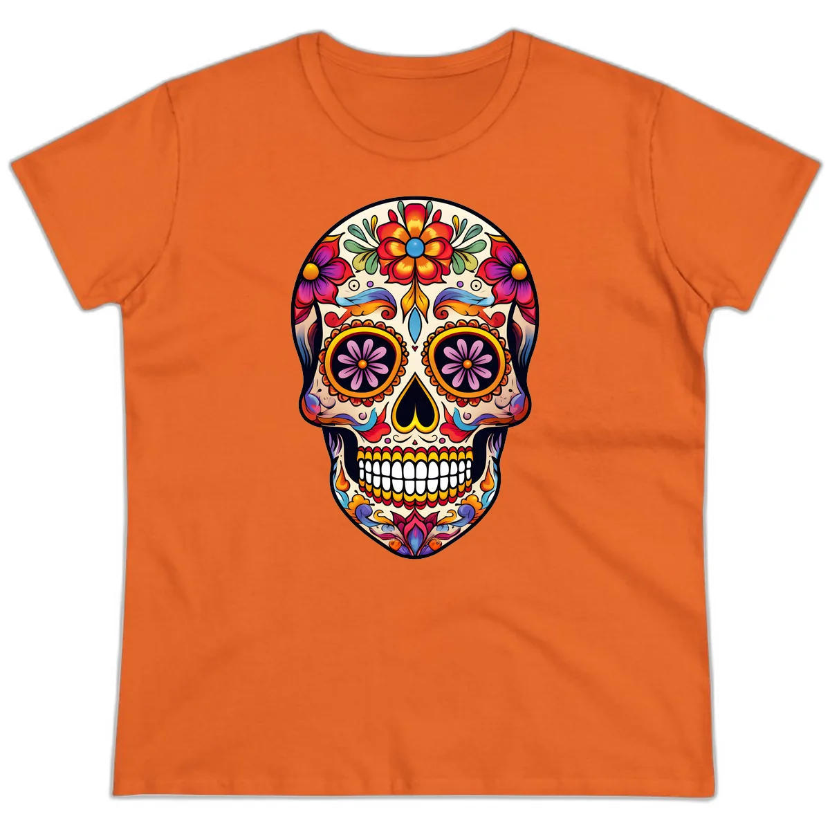 Vibrant Calavera Floral Sugar Skull Art Ladies Tee in Orange
