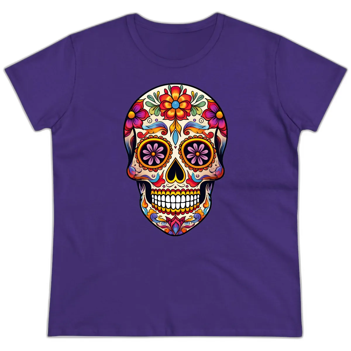 Vibrant Calavera Floral Sugar Skull Art Ladies Tee in Purple