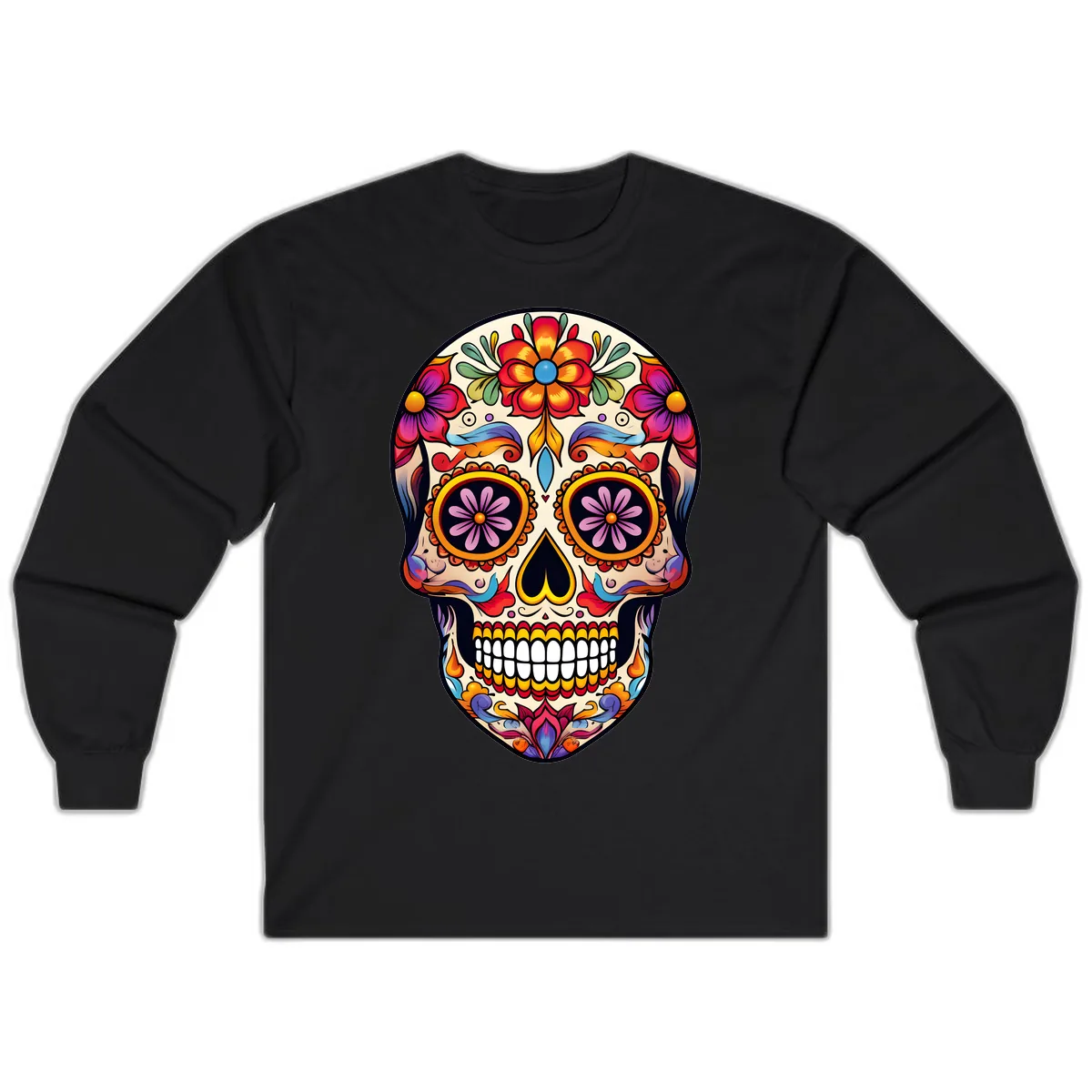 Vibrant Calavera Floral Sugar Skull Art Long Sleeve in Black