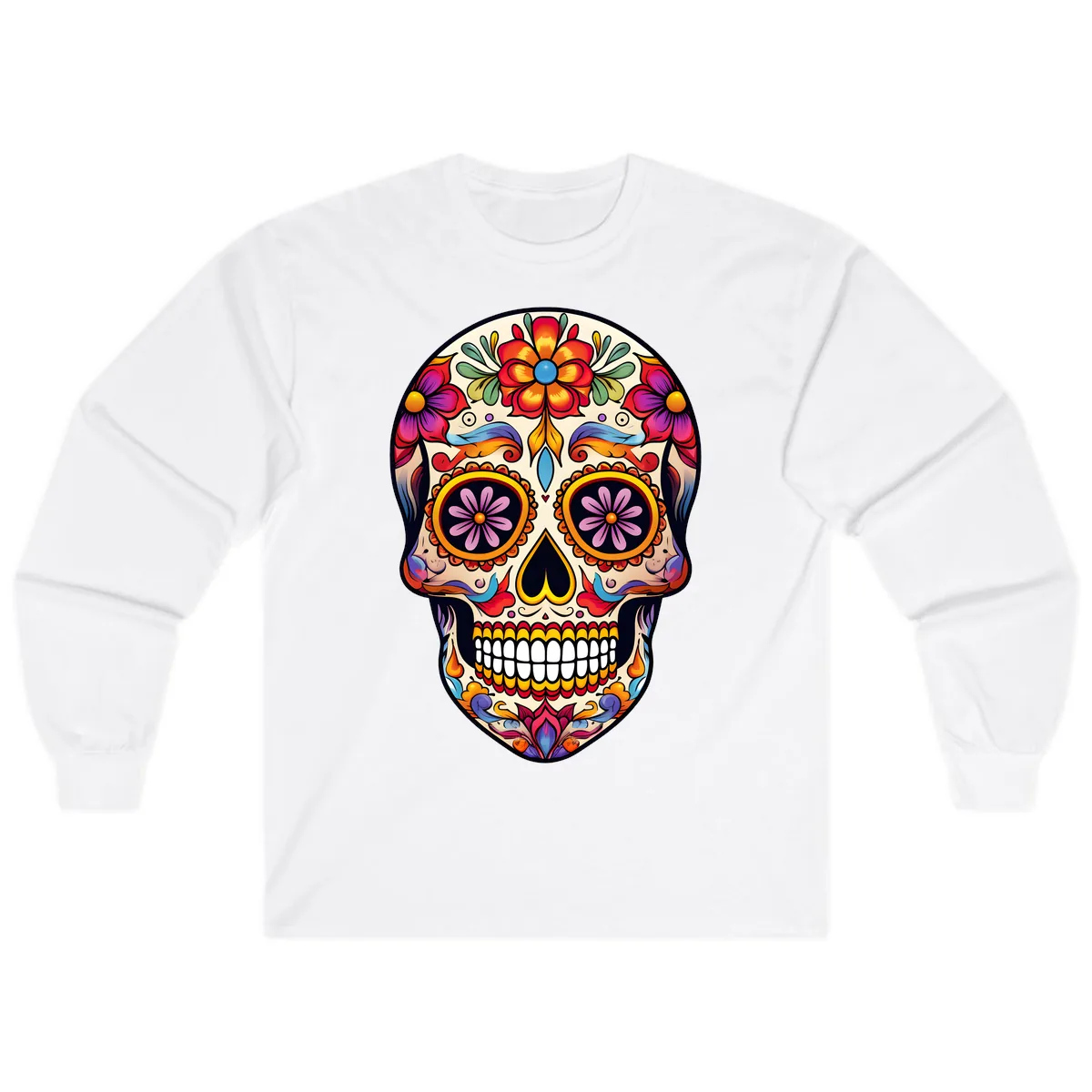 Vibrant Calavera Floral Sugar Skull Art Long Sleeve in White