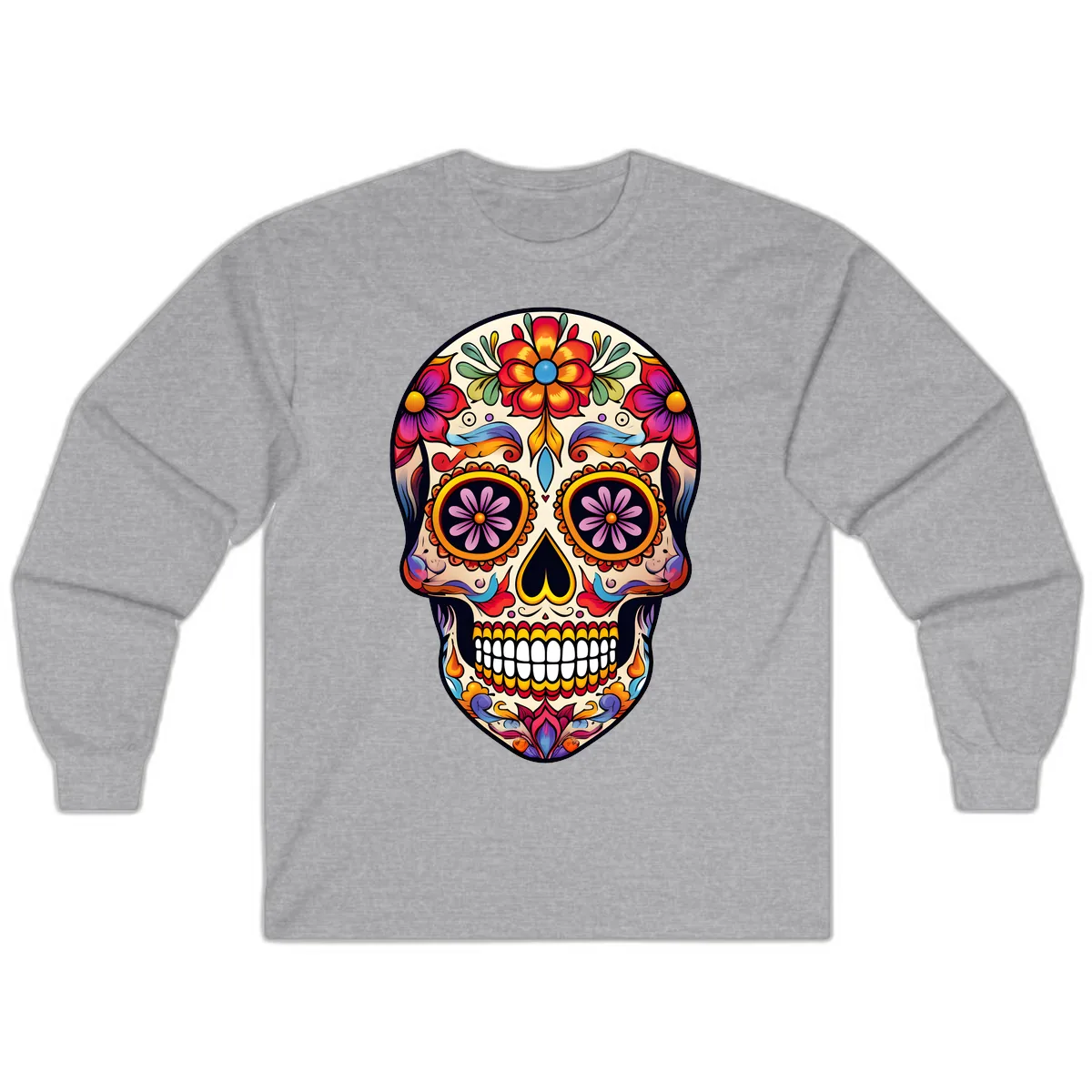 Vibrant Calavera Floral Sugar Skull Art Long Sleeve in Sport Grey