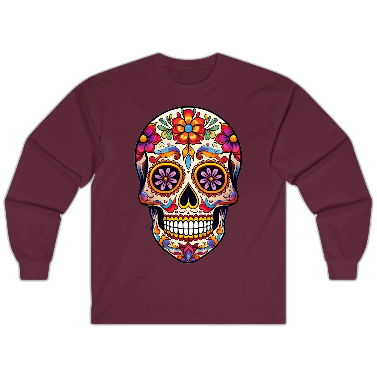 Vibrant Calavera Floral Sugar Skull Art Long Sleeve in Maroon
