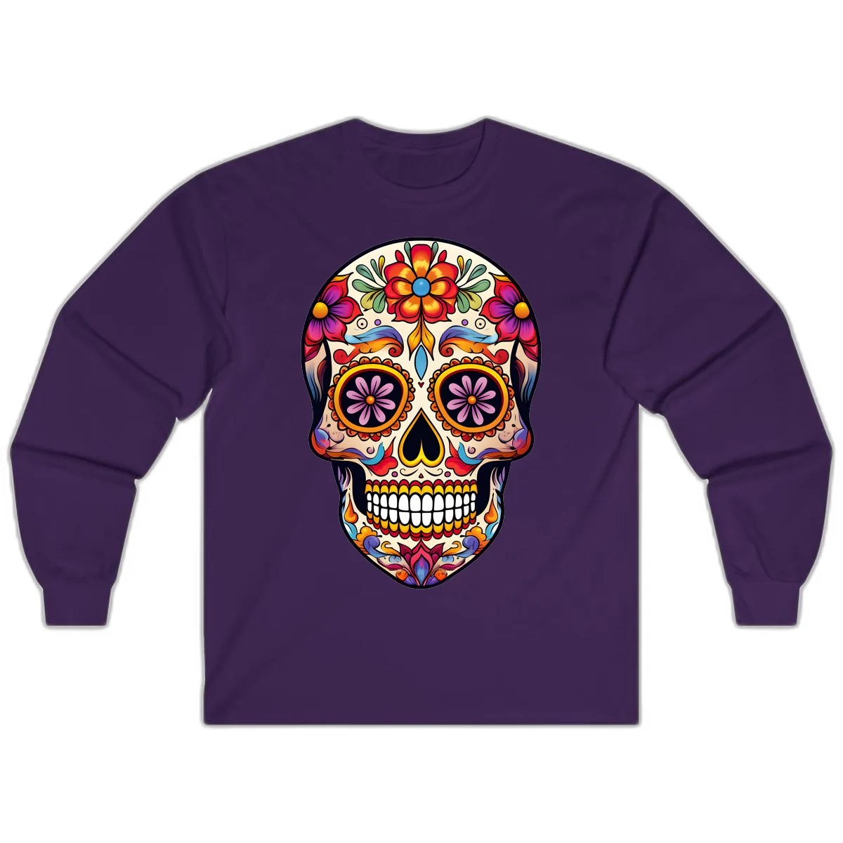 Vibrant Calavera Floral Sugar Skull Art Long Sleeve in Purple