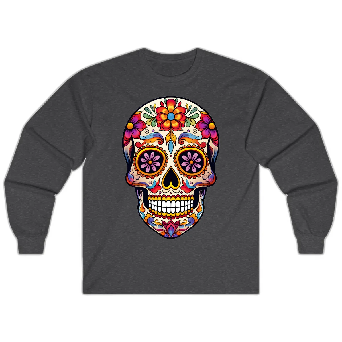 Vibrant Calavera Floral Sugar Skull Art Long Sleeve in Dark Heather