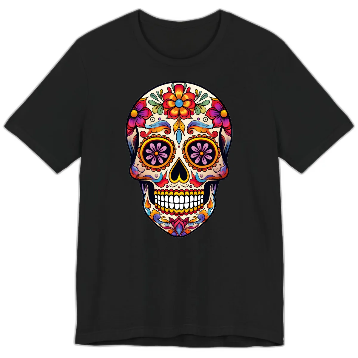 Vibrant Calavera Floral Sugar Skull Art Premium T-Shirt in Black