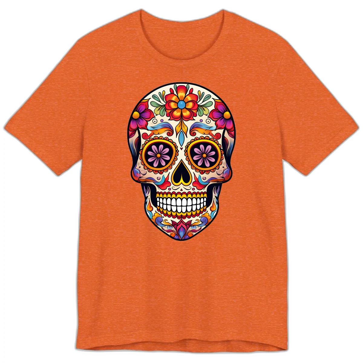 Vibrant Calavera Floral Sugar Skull Art Premium T-Shirt in Heather Orange