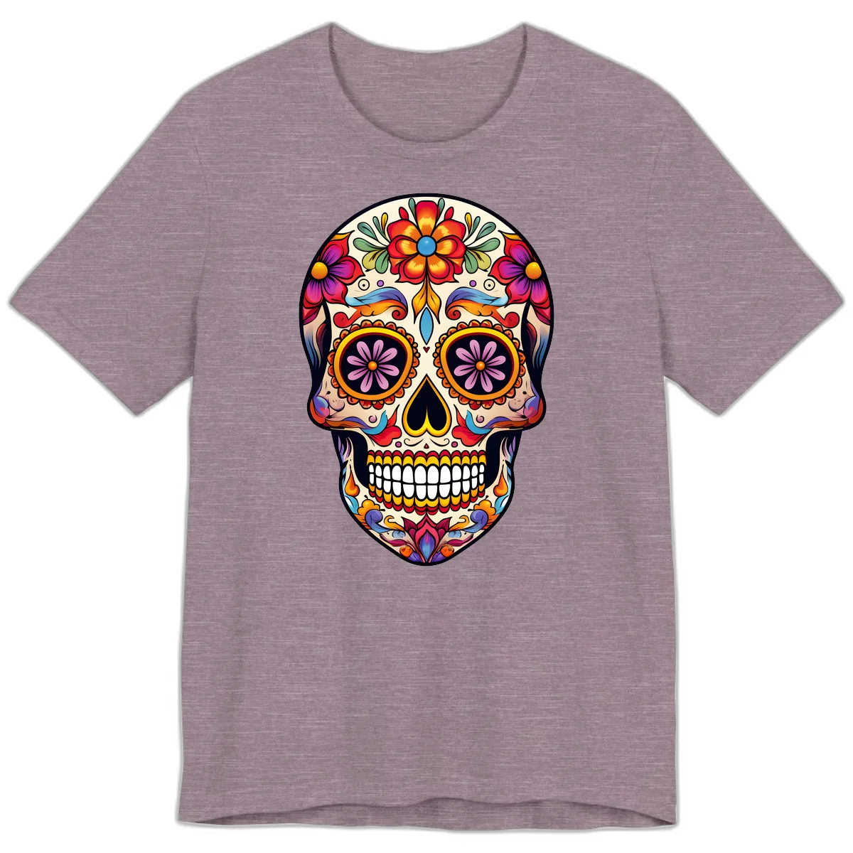 Vibrant Calavera Floral Sugar Skull Art Premium T-Shirt in Heather Purple