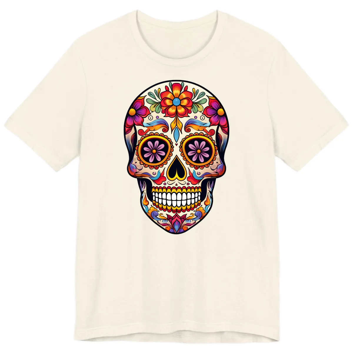 Vibrant Calavera Floral Sugar Skull Art Premium T-Shirt in Natural