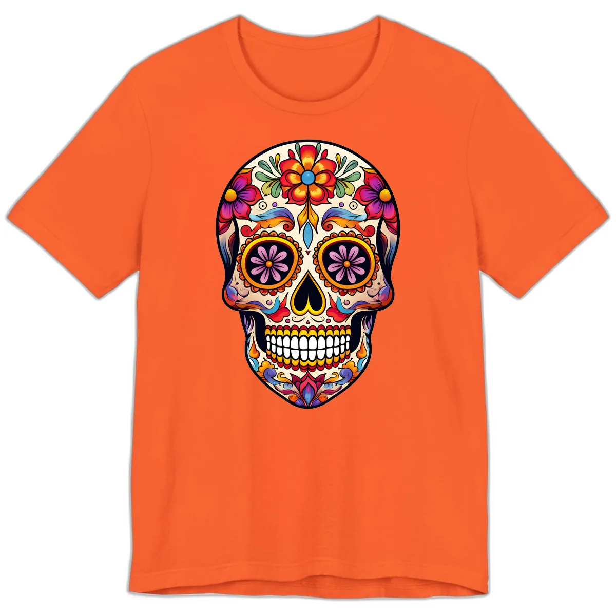 Vibrant Calavera Floral Sugar Skull Art Premium T-Shirt in Orange
