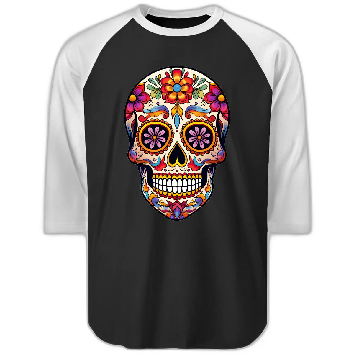 Vibrant Calavera Floral Sugar Skull Art Raglan 3/4 in Black White
