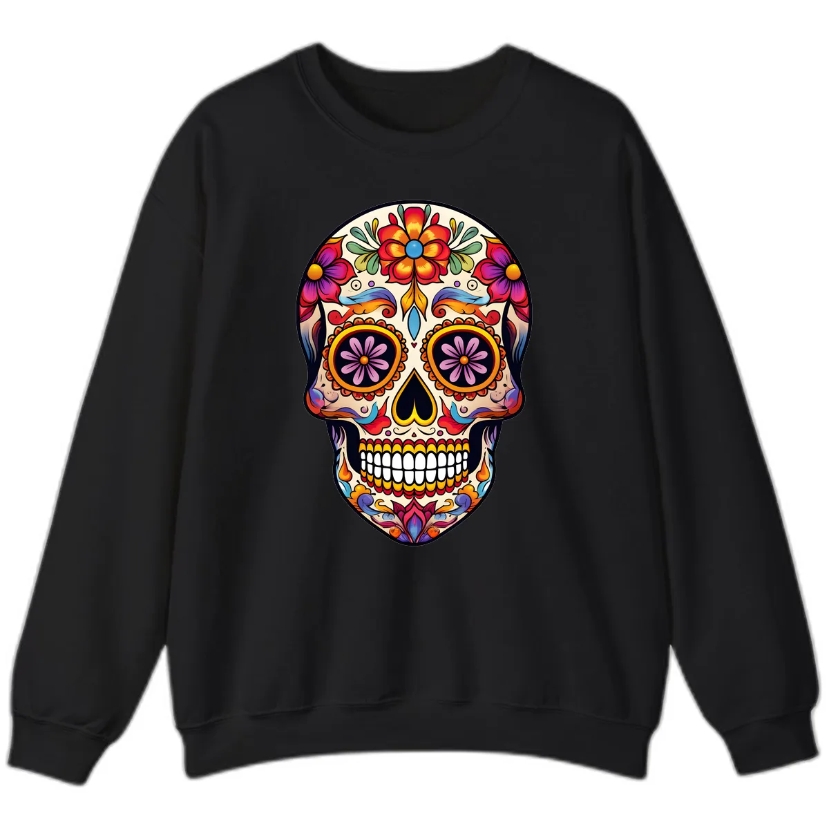 Vibrant Calavera Floral Sugar Skull Art Sweatshirt in Black