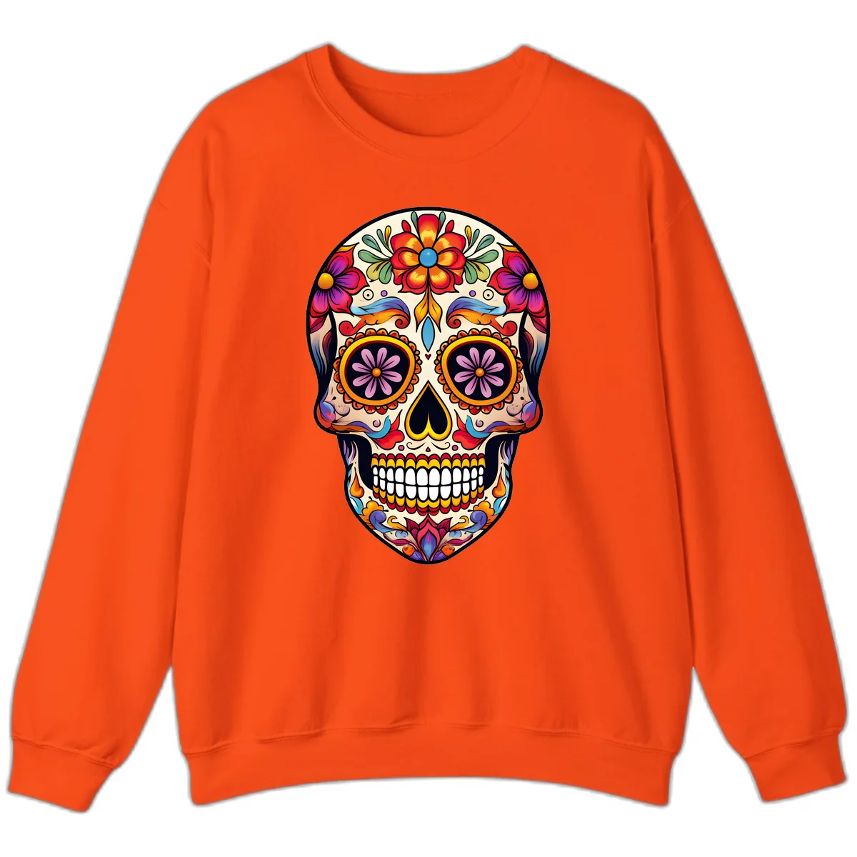 Vibrant Calavera Floral Sugar Skull Art Sweatshirt in Orange