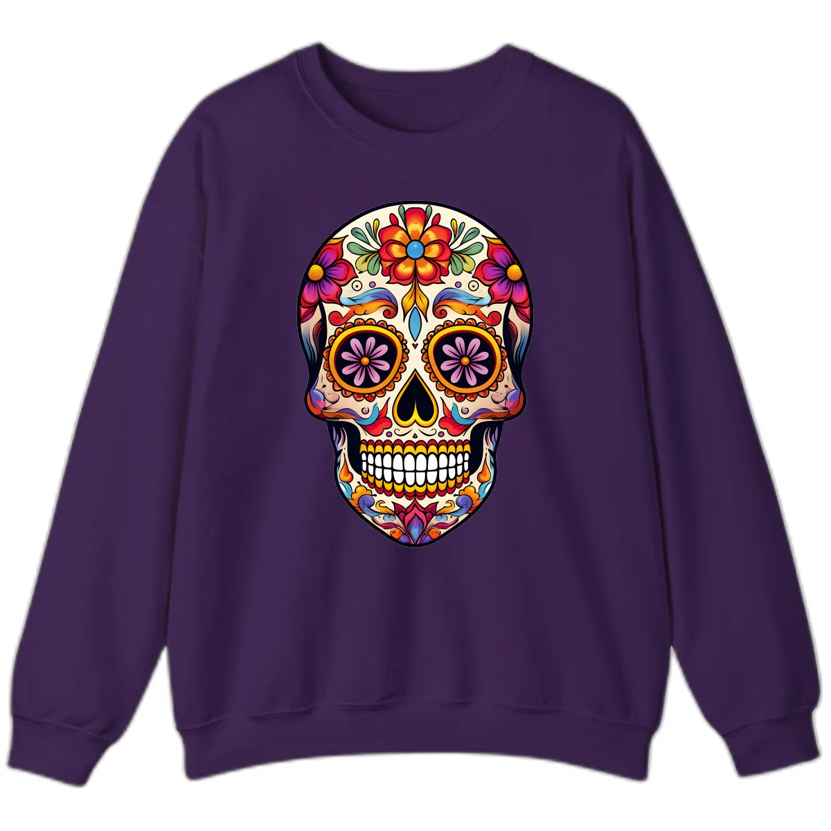 Vibrant Calavera Floral Sugar Skull Art Sweatshirt in Purple