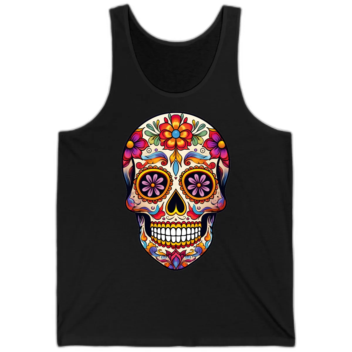 Vibrant Calavera Floral Sugar Skull Art Tank in Black