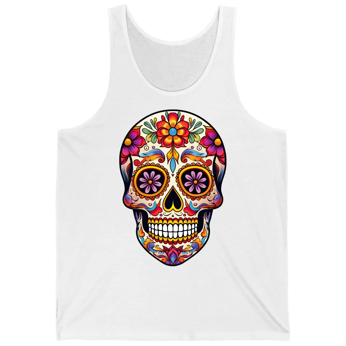 Vibrant Calavera Floral Sugar Skull Art Tank in White