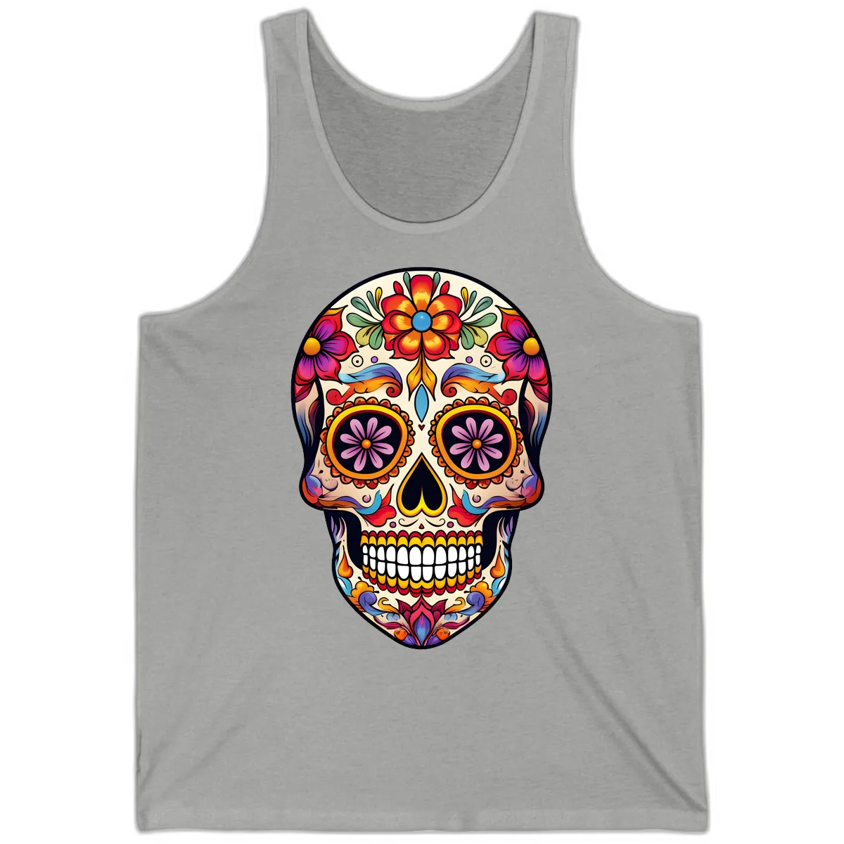 Vibrant Calavera Floral Sugar Skull Art Tank in Athletic Heather