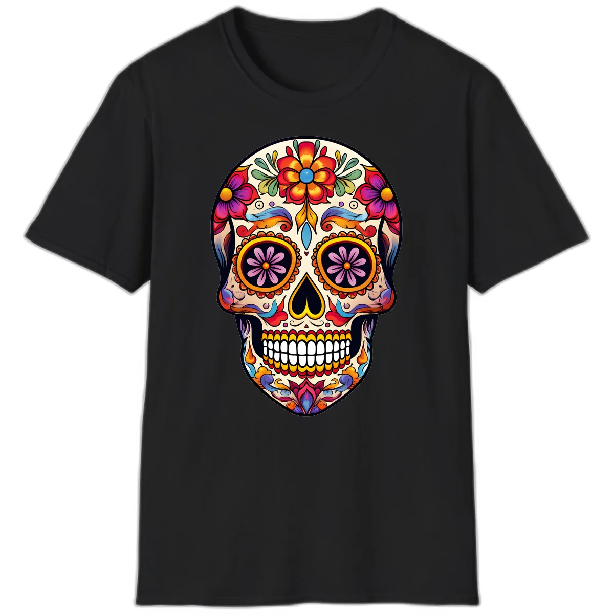 Vibrant Calavera Floral Sugar Skull Art T-Shirt in Black