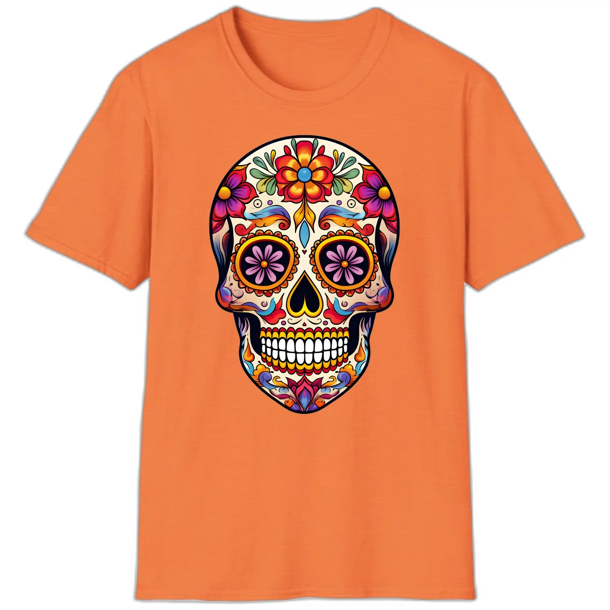 Vibrant Calavera Floral Sugar Skull Art T-Shirt in Heather Orange