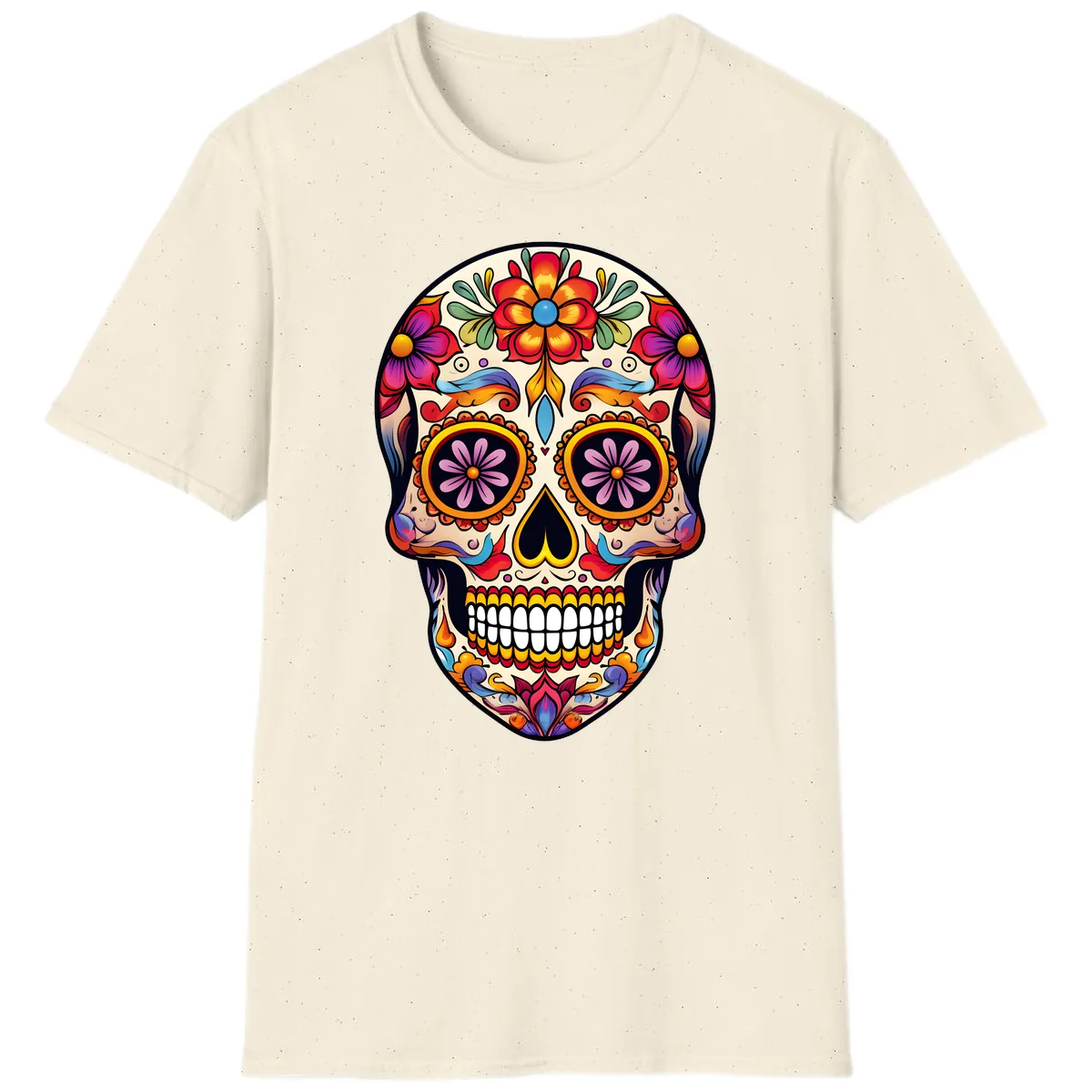 Vibrant Calavera Floral Sugar Skull Art T-Shirt in Natural