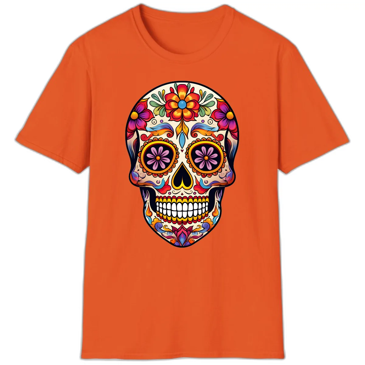 Vibrant Calavera Floral Sugar Skull Art T-Shirt in Orange