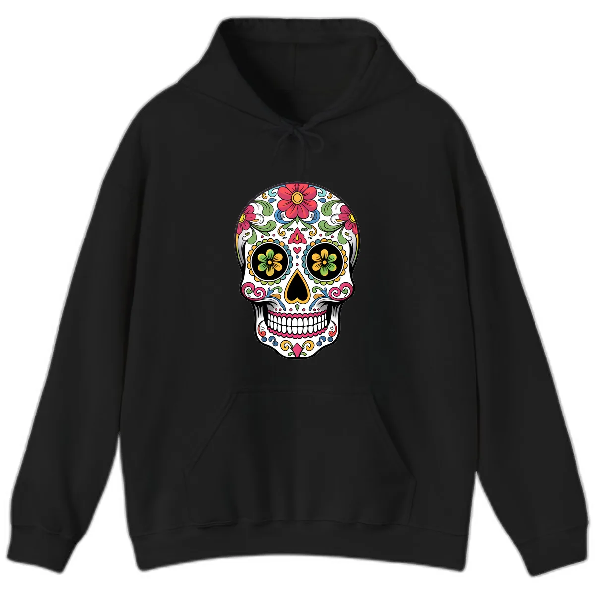 Vibrant Floral Calavera Sugar Skull Hoodie in Black