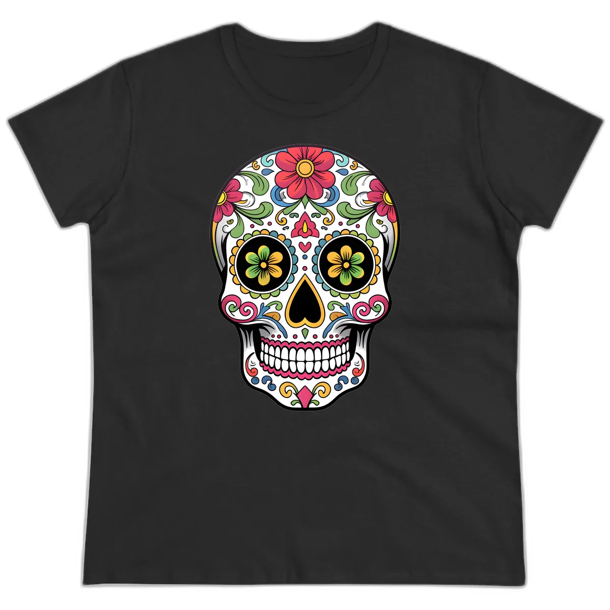 Vibrant Floral Calavera Sugar Skull Ladies Tee in Black