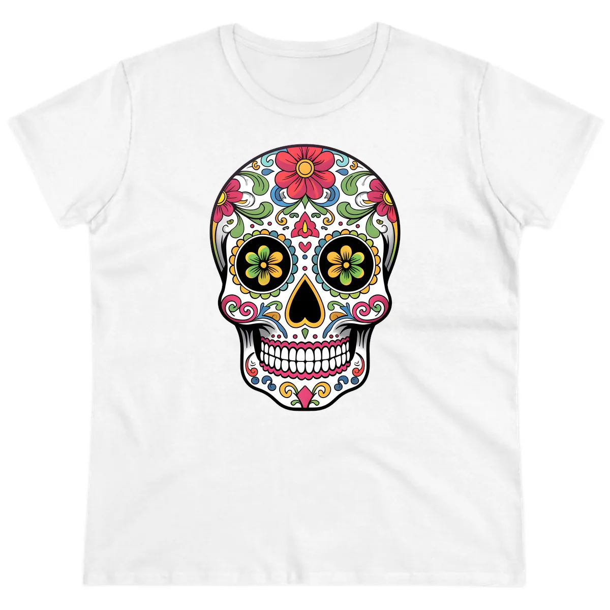 Vibrant Floral Calavera Sugar Skull Ladies Tee in White