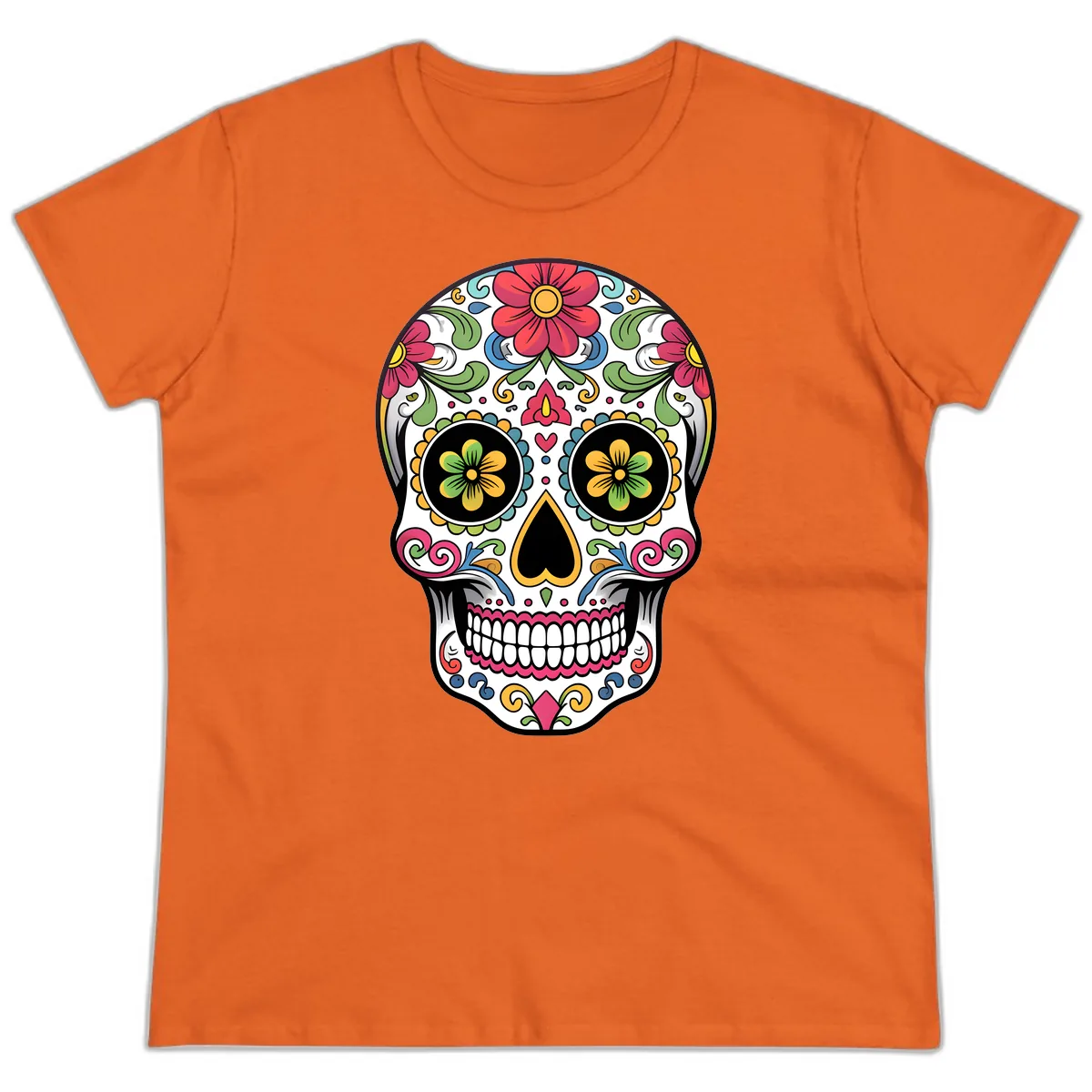 Vibrant Floral Calavera Sugar Skull Ladies Tee in Orange