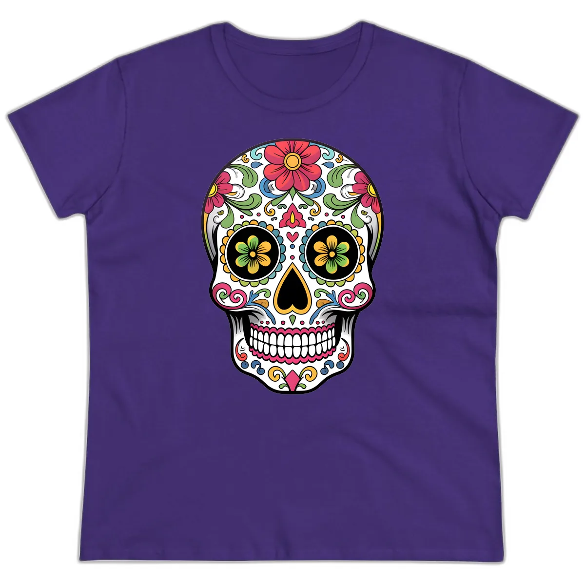 Vibrant Floral Calavera Sugar Skull Ladies Tee in Purple