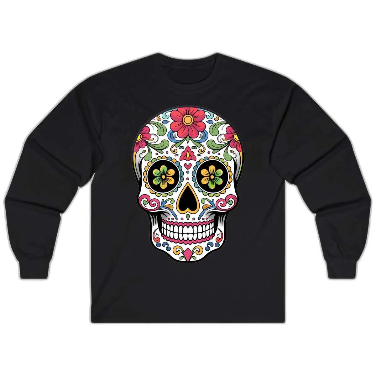 Vibrant Floral Calavera Sugar Skull Long Sleeve in Black