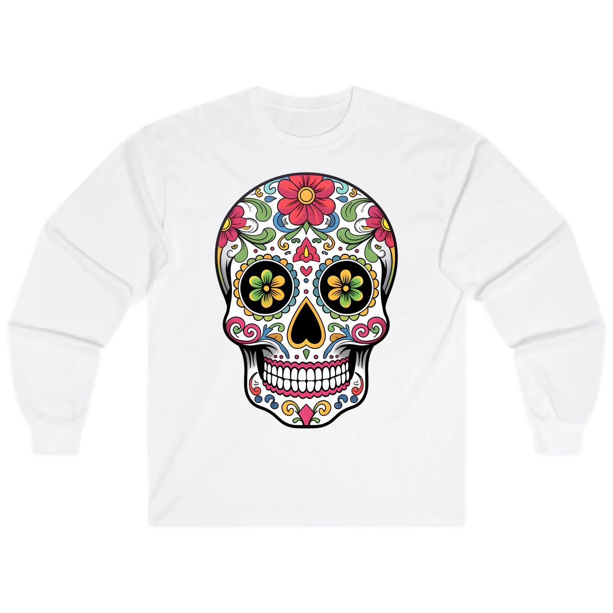 Vibrant Floral Calavera Sugar Skull Long Sleeve in White