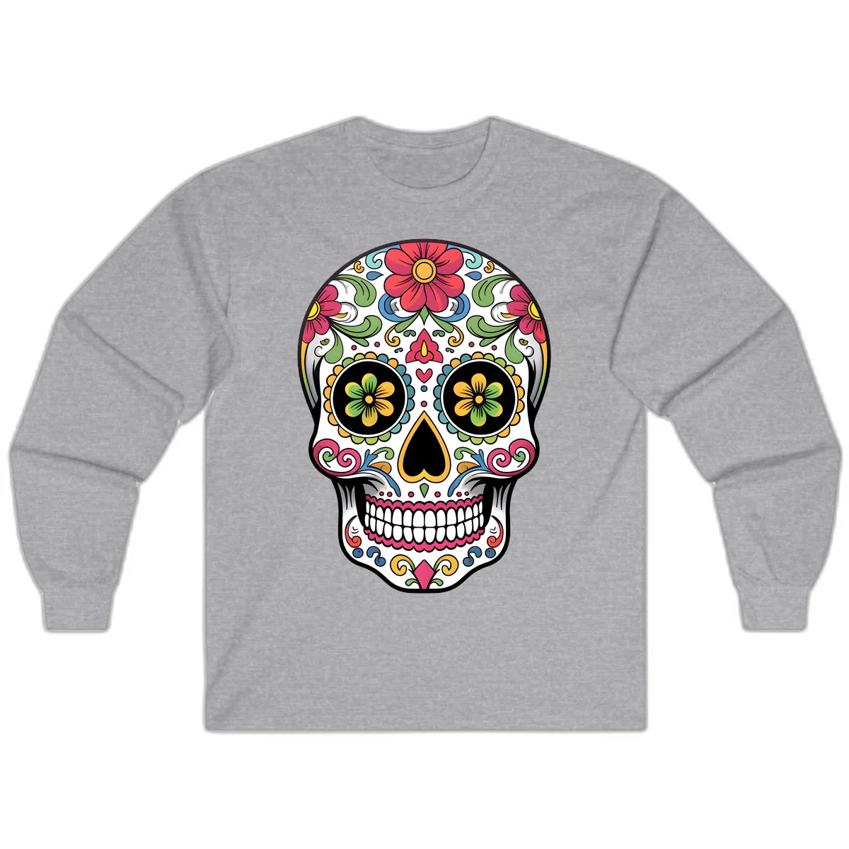 Vibrant Floral Calavera Sugar Skull Long Sleeve in Sport Grey