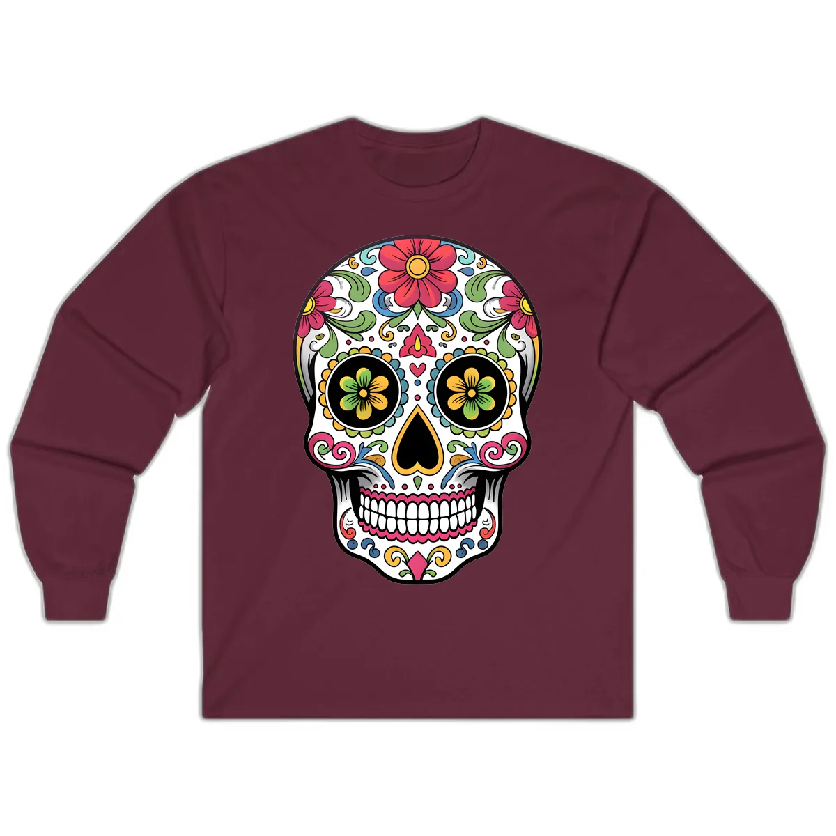 Vibrant Floral Calavera Sugar Skull Long Sleeve in Maroon