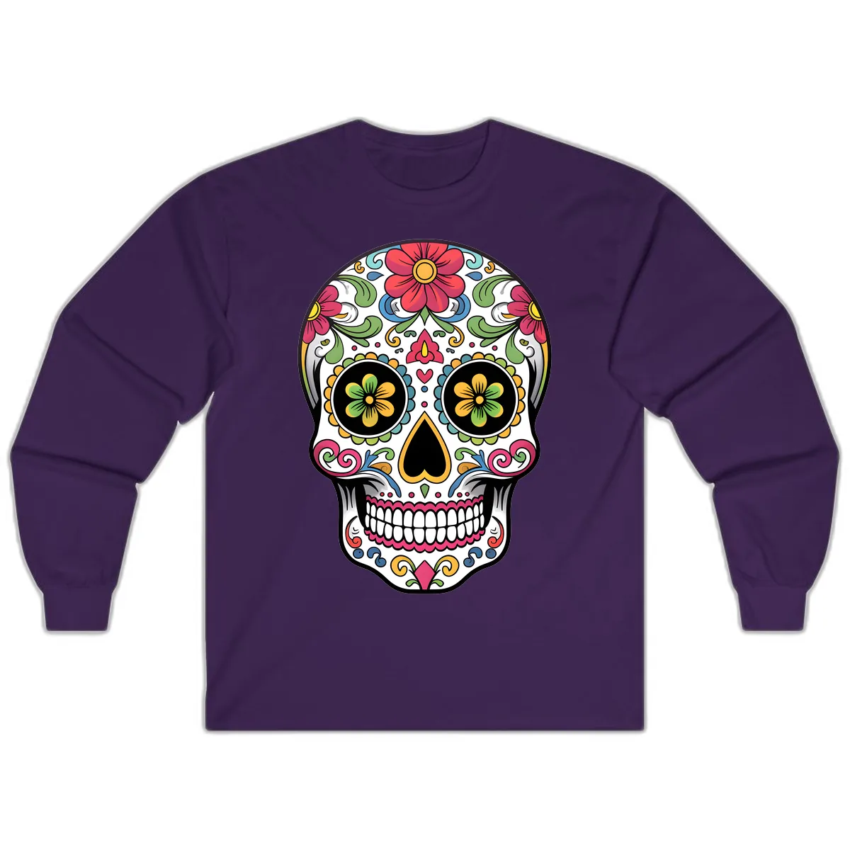 Vibrant Floral Calavera Sugar Skull Long Sleeve in Purple