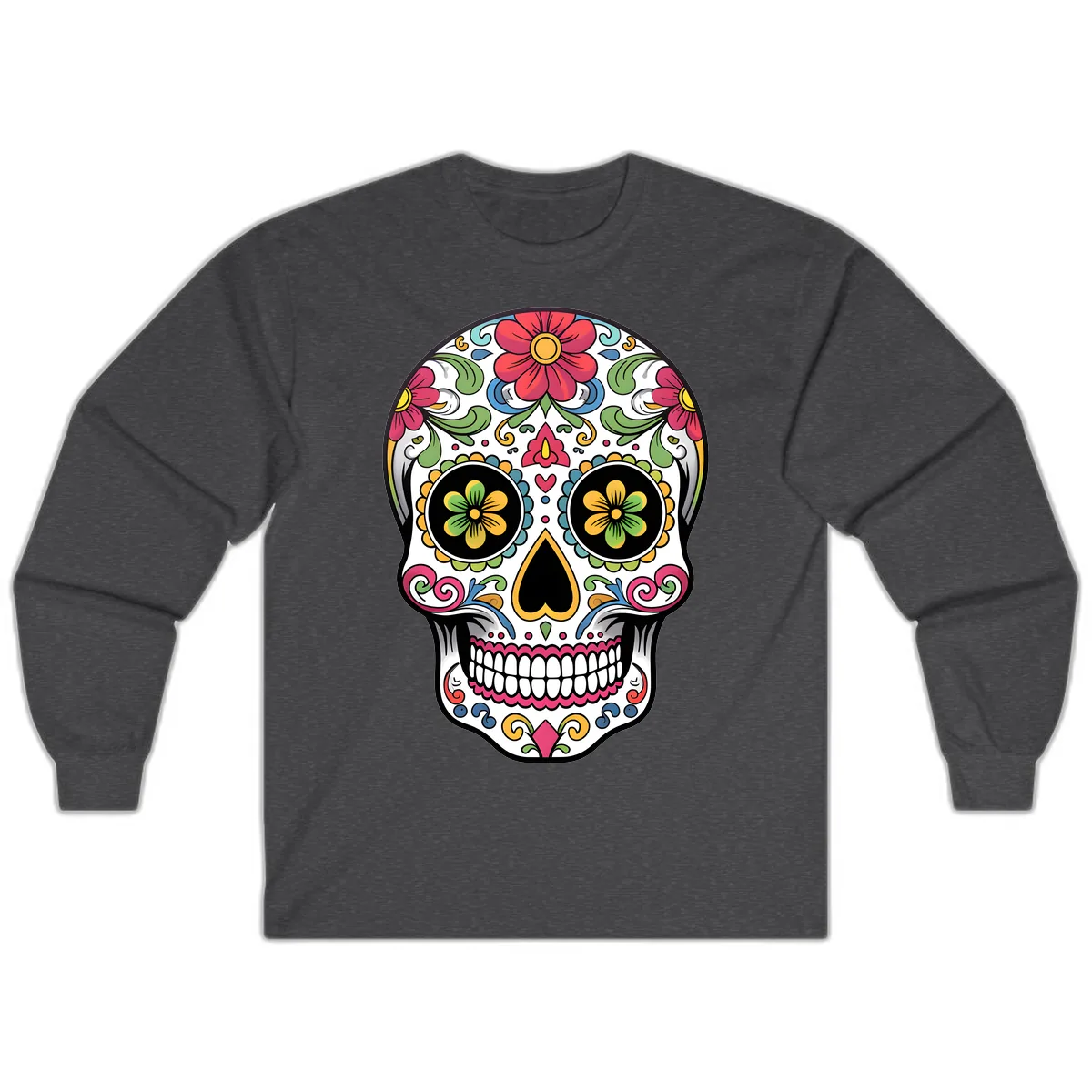 Vibrant Floral Calavera Sugar Skull Long Sleeve in Dark Heather