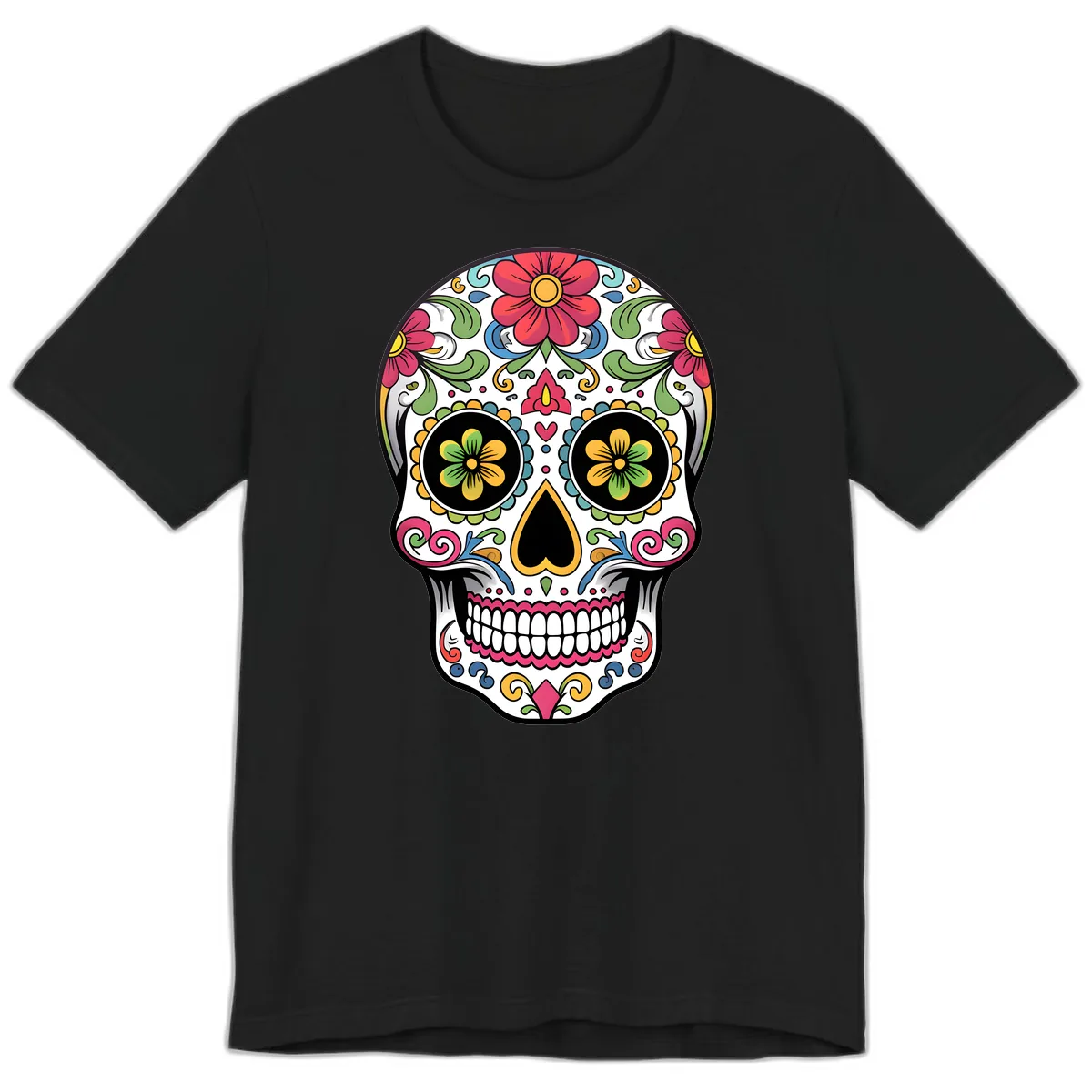 Vibrant Floral Calavera Sugar Skull Premium T-Shirt in Black