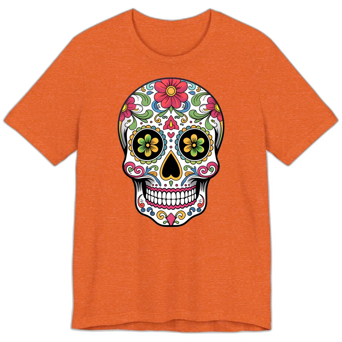 Vibrant Floral Calavera Sugar Skull Premium T-Shirt in Heather Orange